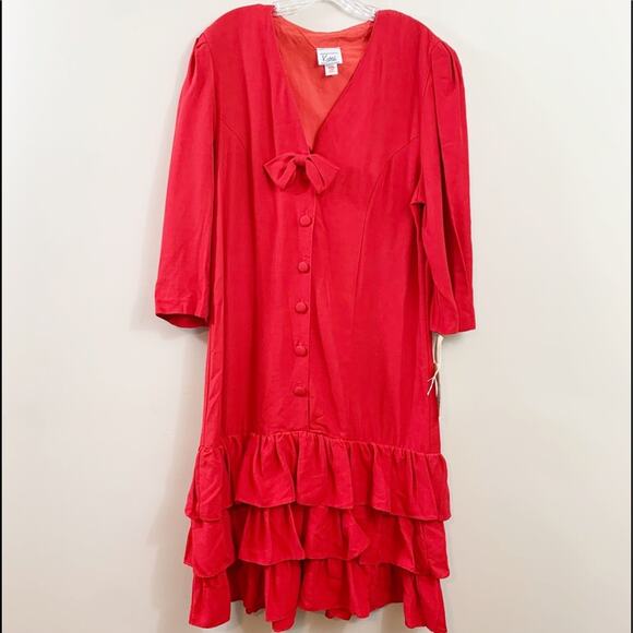 Vintage Kwai Red Tier Ruffle Drop Waist Button Down Midi Dress - Picture 1 of 8